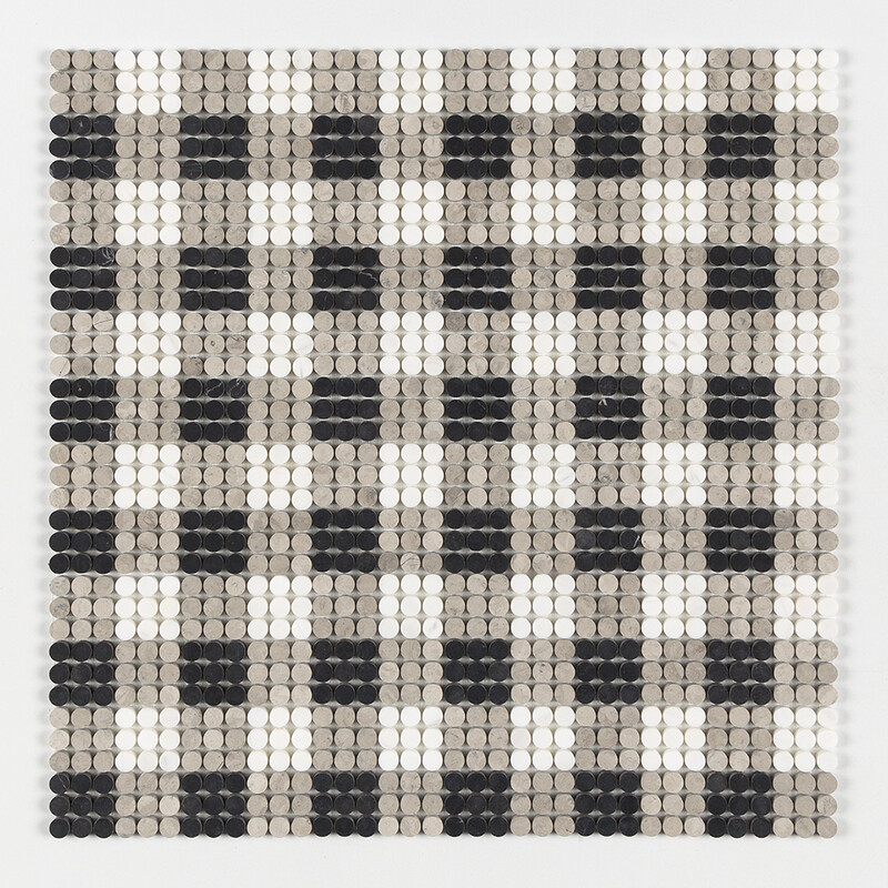 Black, Britannia, Snow White Honed Penny Round Plaid 1 Limestone Mosaics 9 27/32×9 27/32 (MS01923)