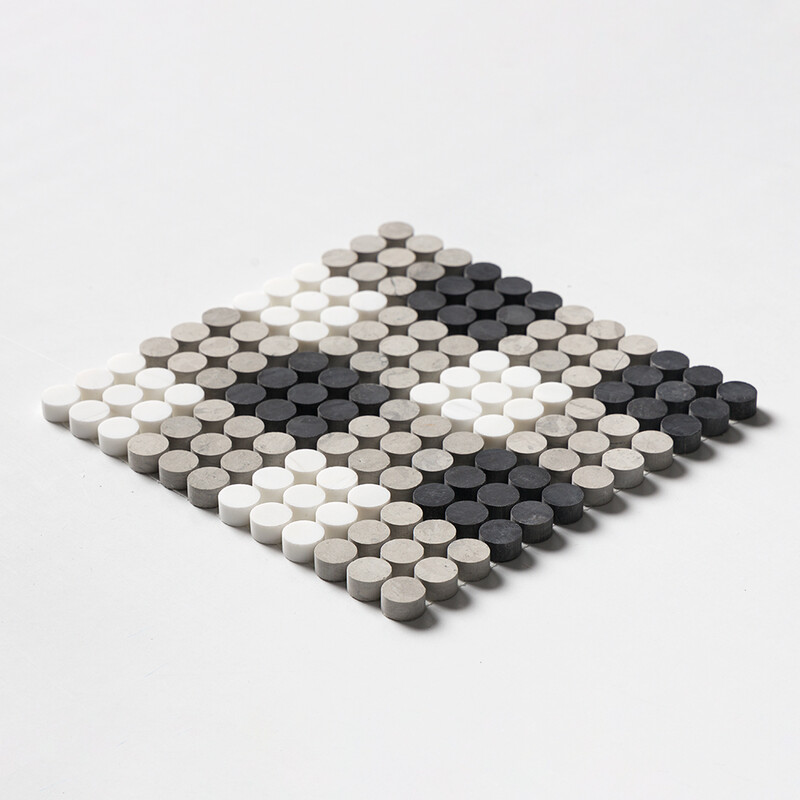Black, Britannia, Snow White Honed Penny Round Plaid 1 Limestone Mosaics 9 27/32×9 27/32 (MS01923)