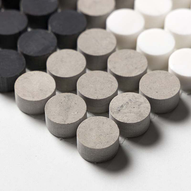 Black, Britannia, Snow White Honed Penny Round Plaid 1 Limestone Mosaics 9 27/32×9 27/32 (MS01923)