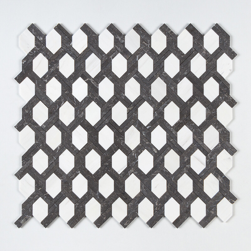 Iris Black, Snow White Honed Braided Hexagon Marble Mosaics 9 11/16×16 7/16 (MS02004)