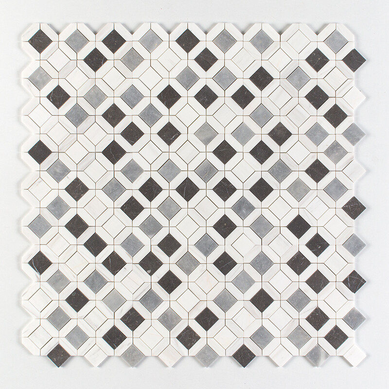 Allure L, Iris Black, Bianco Dolomiti Cl Honed Louna Marble Mosaics 12×12 (MS02192)