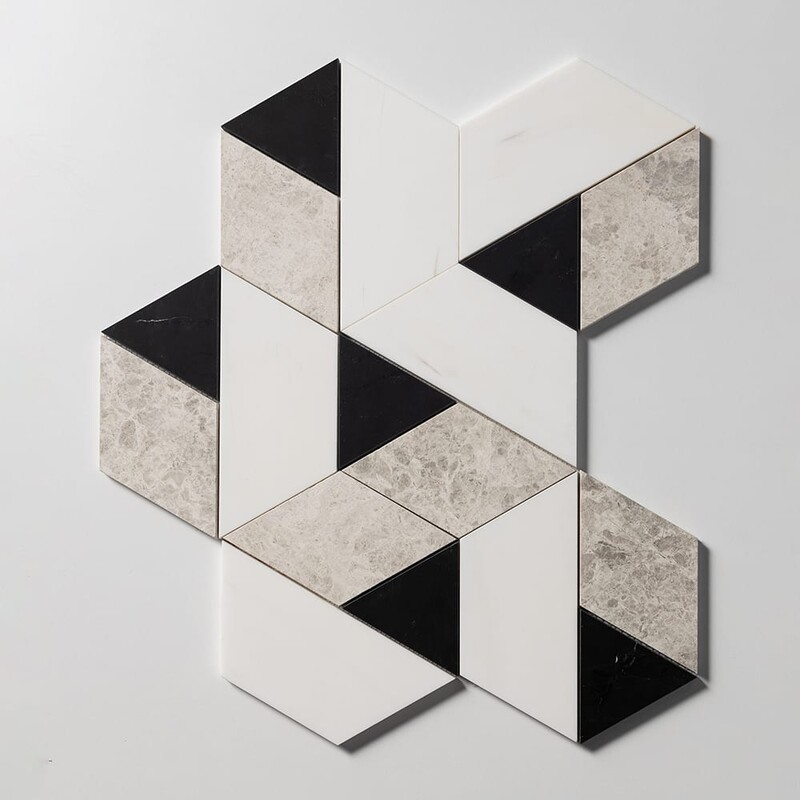 Snow White, Black, Silver Shadow Honed Prismatic Blend Marble Mosaics 8×9 1/16 (MS02208)