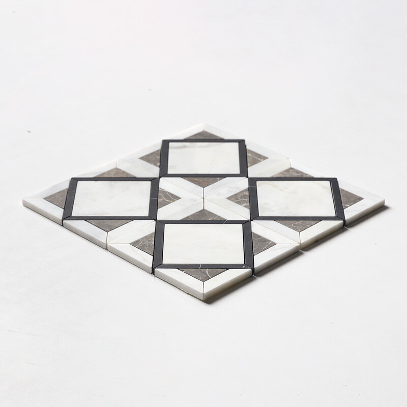 Black, Silver Drop, White Pearl Honed Kent Marble Mosaics 13 9/16×13 9/16 (MS02583)