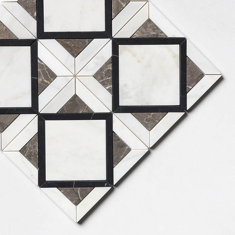 Black, Silver Drop, White Pearl Honed Kent Marble Mosaics 13 9/16×13 9/16 (MS02583)
