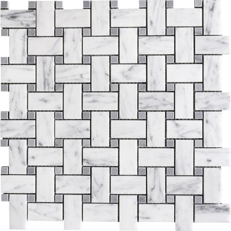 Mosaicos de mármore branco Carrara Bardiglio polido com padrão de cestaria 12×12 (MS90095)
