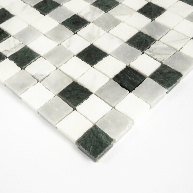Allure, Calacatta Gold, Thassos, Verde Lucia Honed Hand Clipped 1×1 Marble Mosaics 11 3/4×11 3/4 (MS90940)
