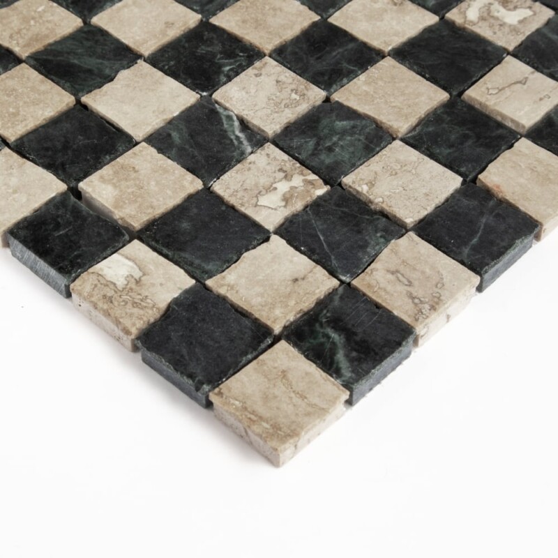 Roman Travertine, Verde Lucia Honed Hand Clipped 1×1 Marble Mosaics 11 3/4×11 3/4 (MS90947)