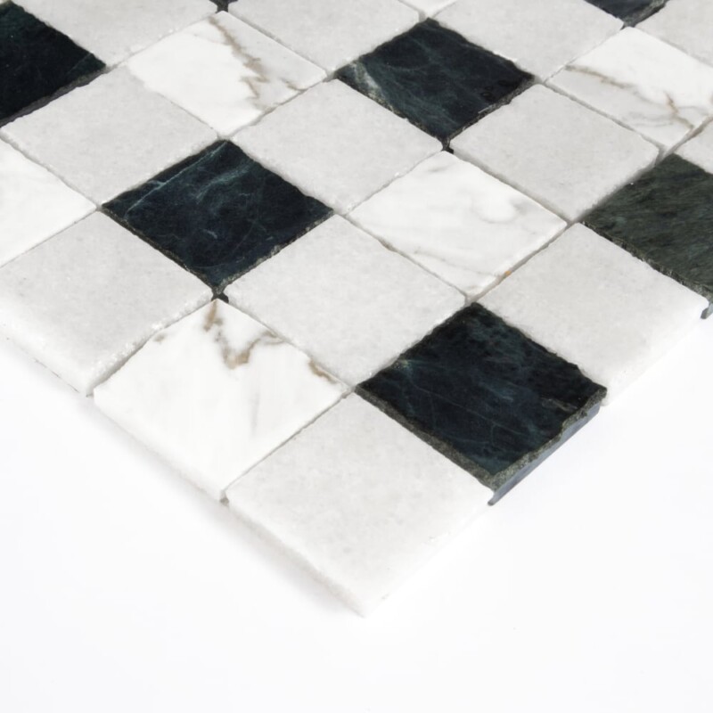 Calacatta Gold, Glacier, Verde Lucia Honed Hand Clipped 2×2 Marble Mosaics 12×12 (MS90952)