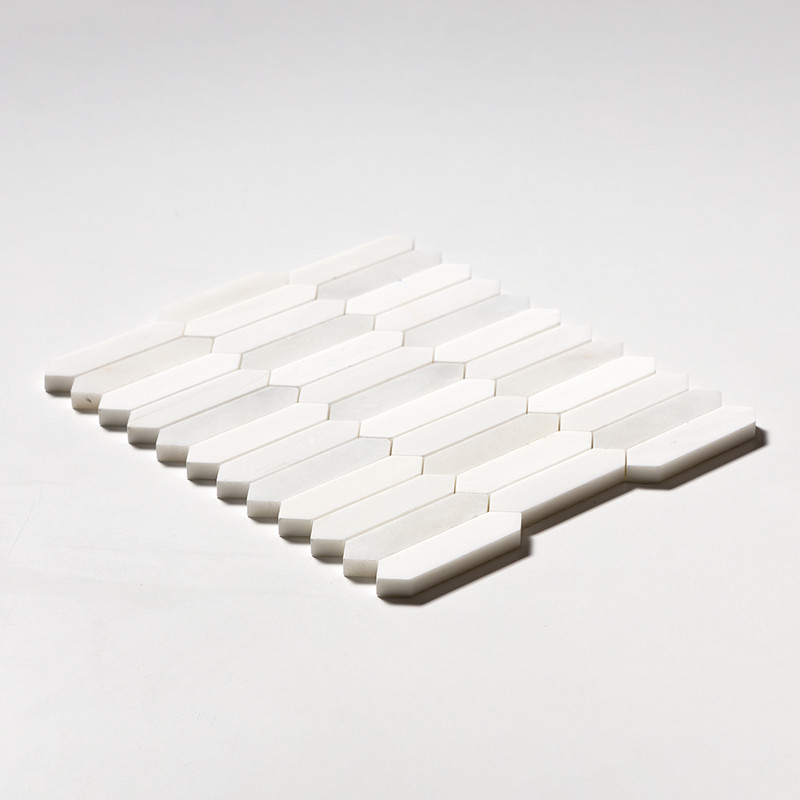 Snow White, Afyon White Multi Finish Baby Picket Waterjet Marble Mosaics 13 3/16×11 (NW00040)