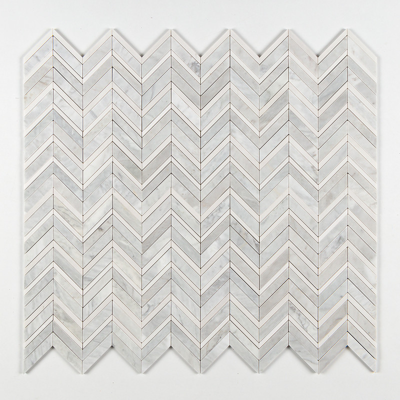 Aspen White, Avenza Multi Finish Chevron Fusion Waterjet Marble Mosaics 16×11 7/8 (NW00046)