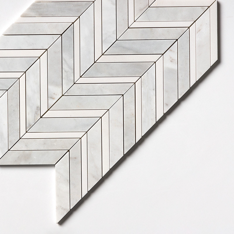 Aspen White, Avenza Multi Finish Chevron Fusion Waterjet Marble Mosaics 16×11 7/8 (NW00046)