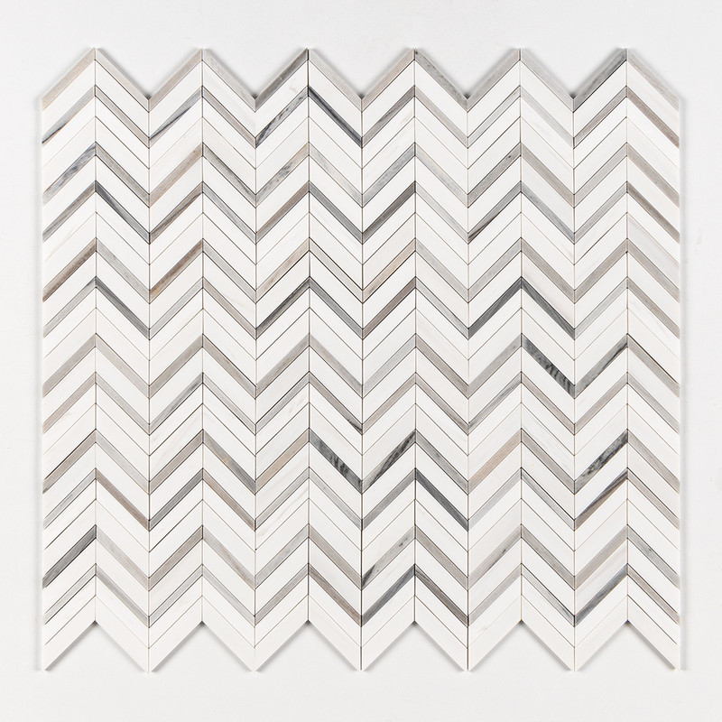 Snow White, Skyline Honed Chevron Fusion Waterjet Marble Mosaics 16×11 7/8 (NW00083)