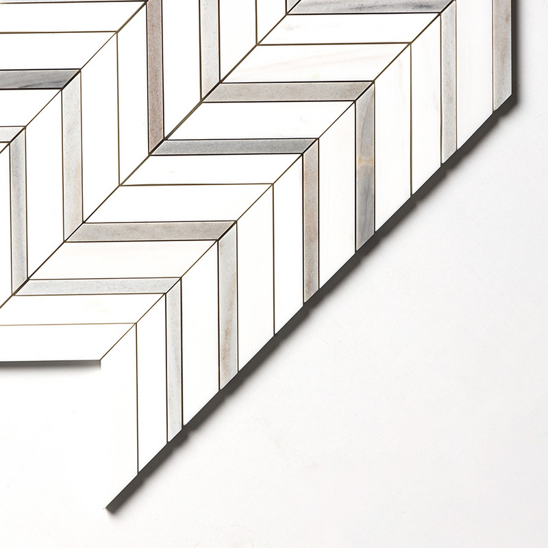 Snow White, Skyline Honed Chevron Fusion Waterjet Marble Mosaics 16×11 7/8 (NW00083)