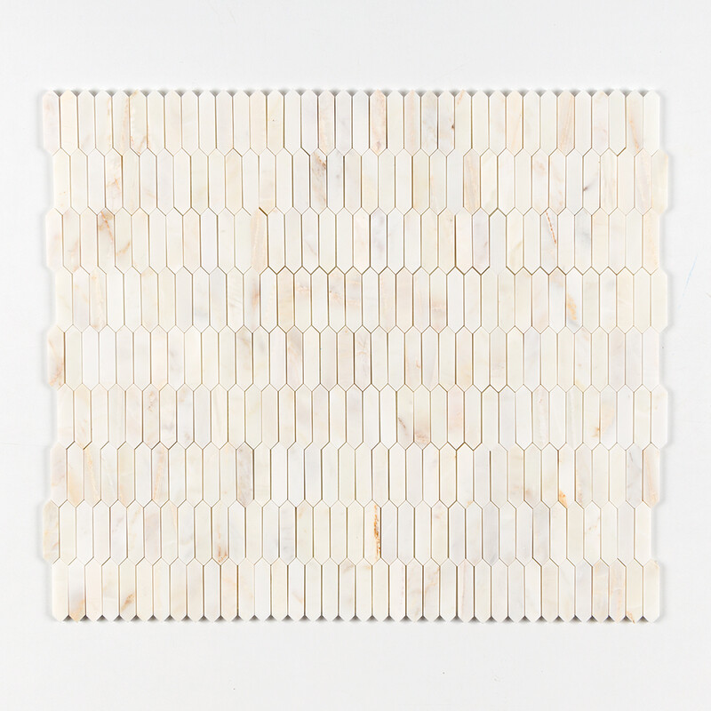 Calacatta Amber Honed Baby Picket Waterjet Marble Mosaic 13 3/16×11 (NW00111)