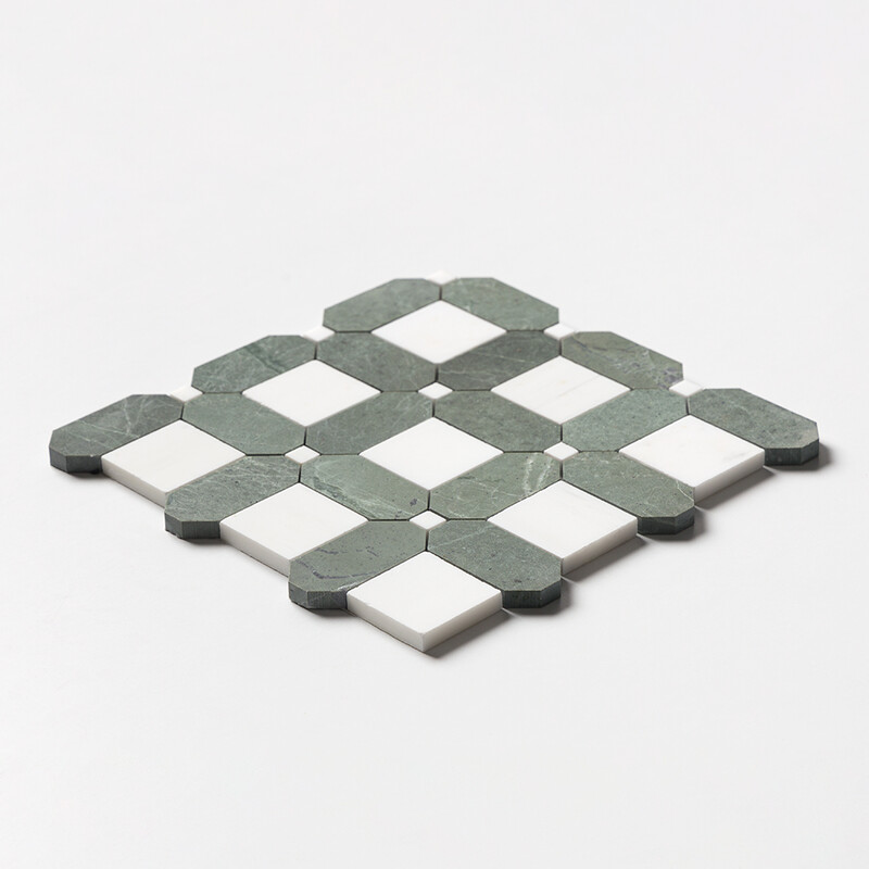 Snow White, Verde Tia Honed Octa Waterjet Marble Mosaics 10 15/16×10 15/16 (NW00171)