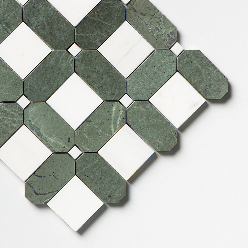Snow White, Verde Tia Honed Octa Waterjet Marble Mosaics 10 15/16×10 15/16 (NW00171)