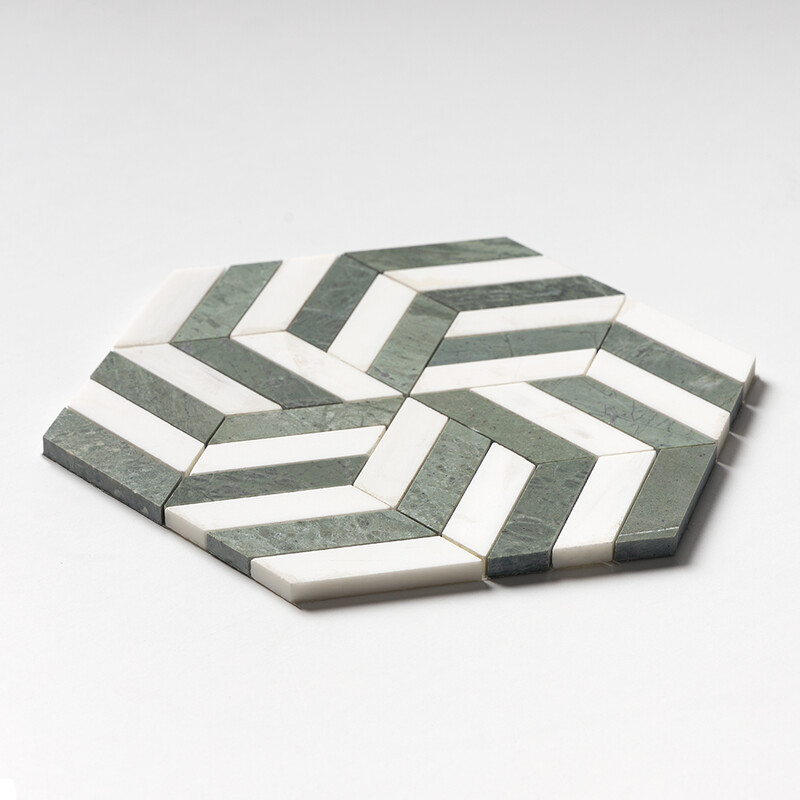 Snow White, Verde Tia Honed Windmill Waterjet Marble Mosaics 11 3/4×13 9/16 (NW00172)