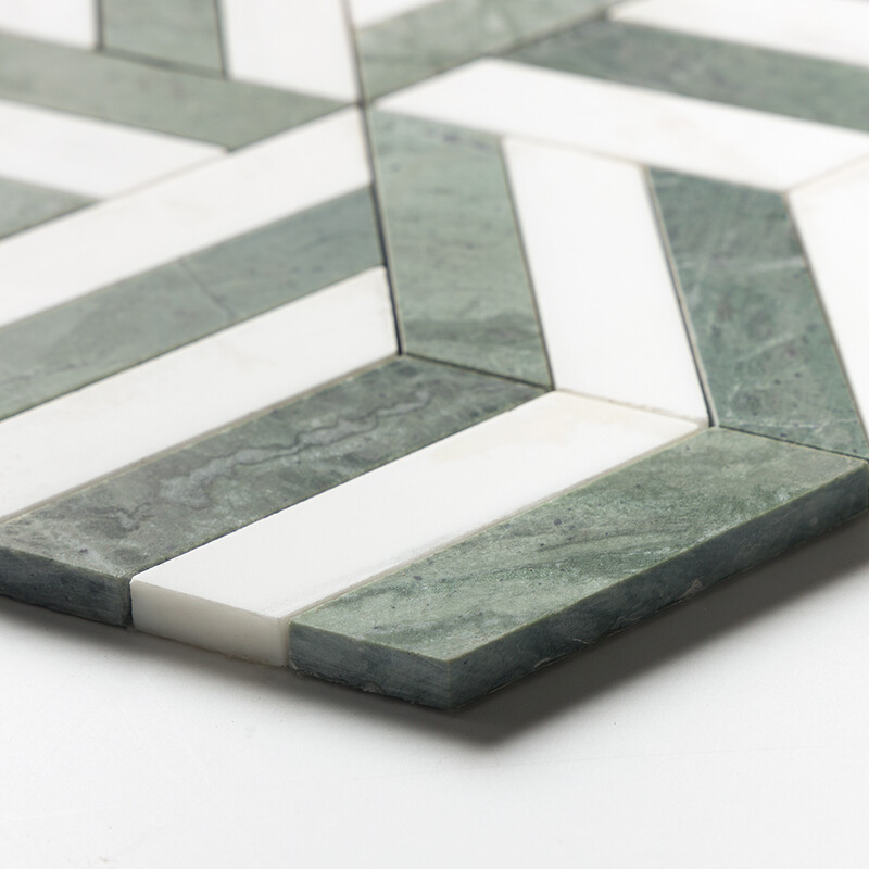 Snow White, Verde Tia Honed Windmill Waterjet Marble Mosaics 11 3/4×13 9/16 (NW00172)
