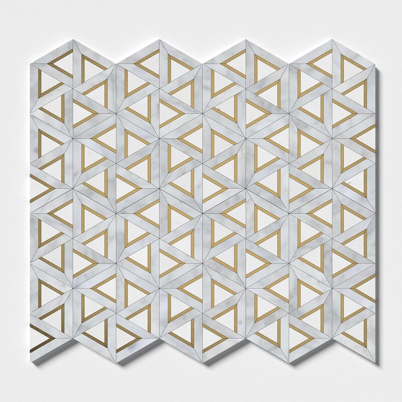 White Carrara, Brass Honed Trillium Waterjet Marble Mosaics 10 3/16×11 13/16 (NW00174)
