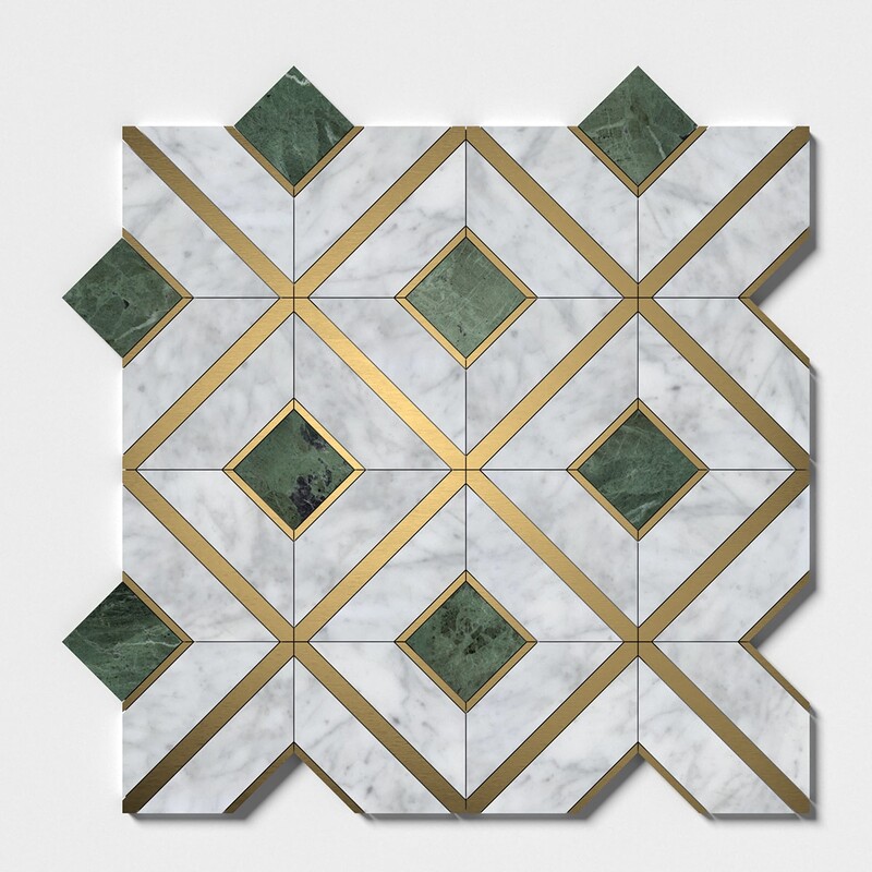 White Carrara, Brass, Verde Tia Honed Arlo Waterjet Marble Mosaics 11 15/16×11 15/16 (NW00175)