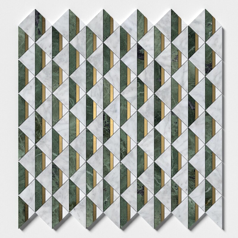 White Carrara, Brass, Verde Tia Honed Angela Waterjet Marble Mosaics 12 3/8×12 1/2 (NW00176)