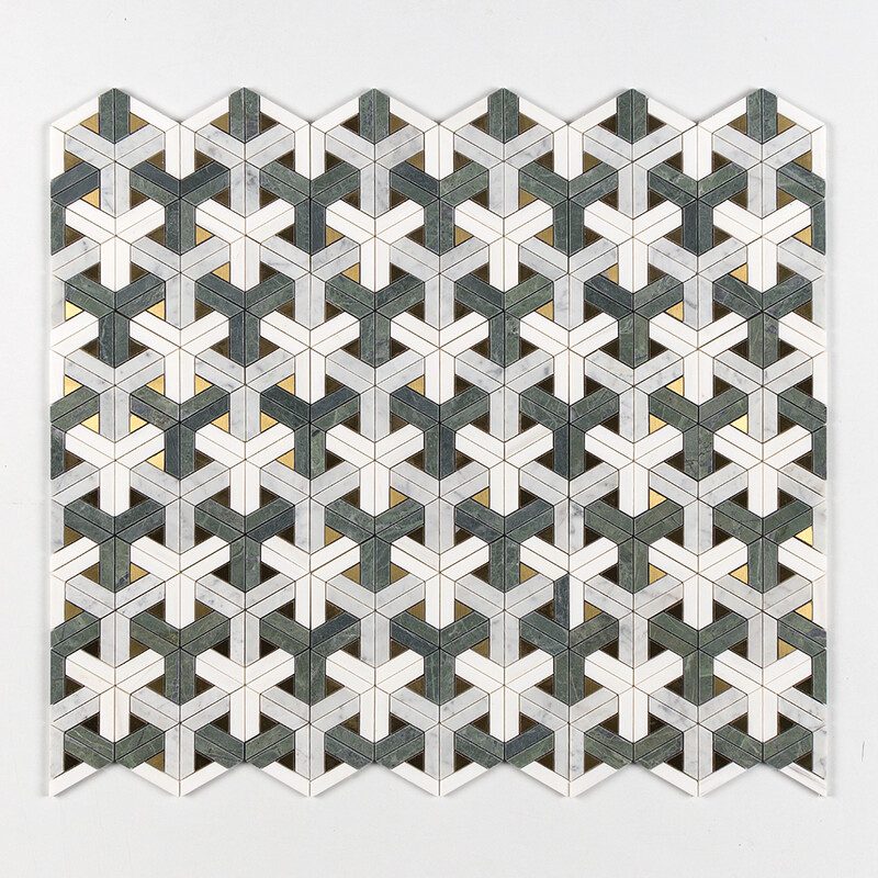 Snow White, White Carrara, Brass, Verde Tia Honed Fence Waterjet Marble Mosaics 12×12 (NW00177)