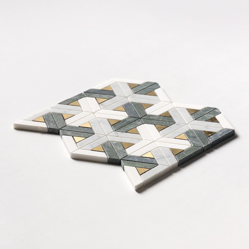 Snow White, White Carrara, Brass, Verde Tia Honed Fence Waterjet Marble Mosaics 12×12 (NW00177)