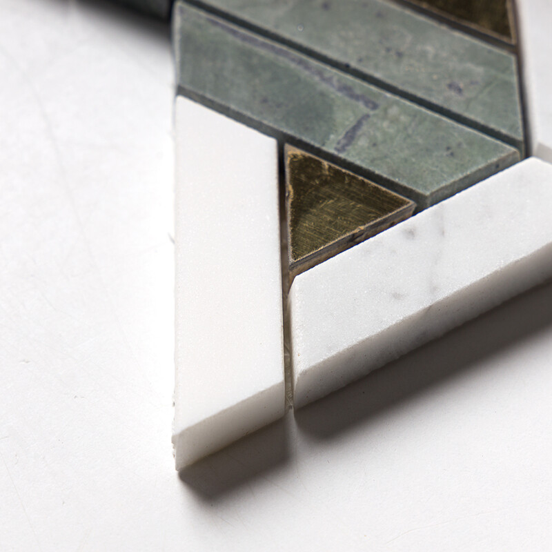 Snow White, White Carrara, Brass, Verde Tia Honed Fence Waterjet Marble Mosaics 12×12 (NW00177)