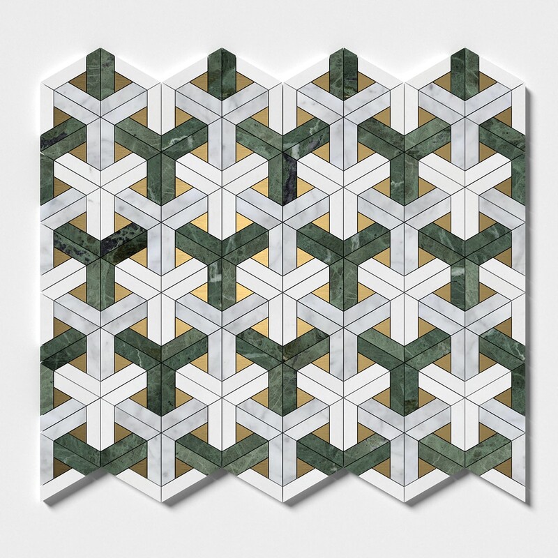 Snow White, White Carrara, Brass, Verde Tia Honed Fence Waterjet Marble Mosaics 12×12 (NW00177)