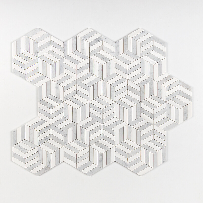 Snow White, White Carrara Honed Windmill Waterjet Marble Mosaics 11 3/4×13 9/16 (NW00178)