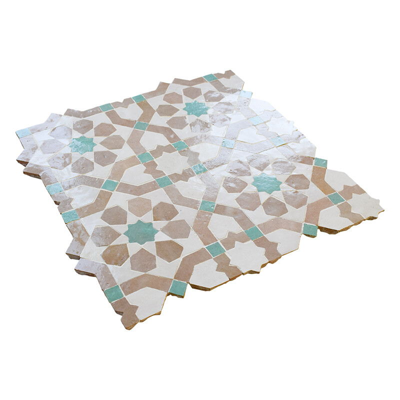 Mosaicos Zellige de jazmín brillante en tonos beige oscuro, verde medio y blanco, 12×12 (WZI10060)