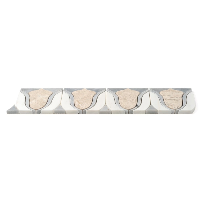Afyon Grey, Avenza Light, Diana Royal Multi Finish Tulip Marble Border Tiles 4×12 (YNR10013)