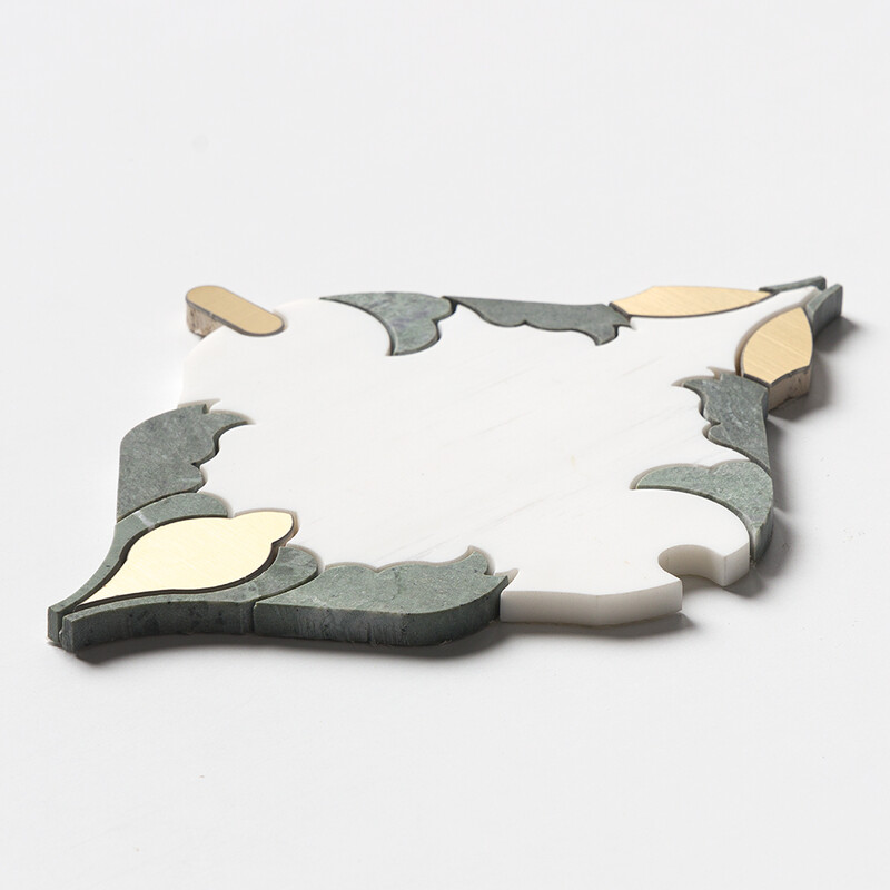 Snow White, Brass, Verde Tia Honed Floral Arabesque Marble Mosaics 8 3/16×11 13/16 (YNR10173)