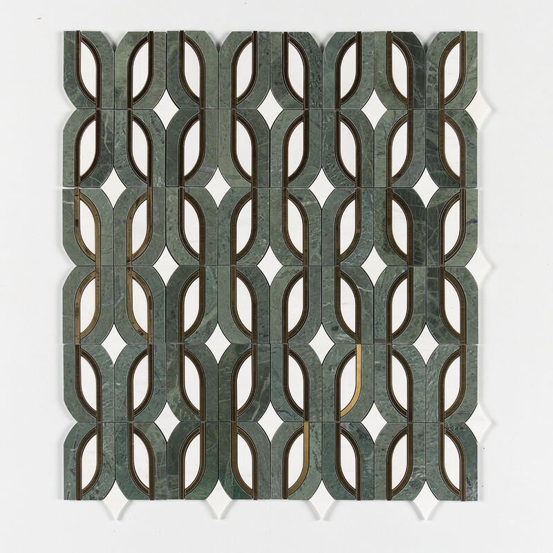Snow White, Brass, Verde Tia Honed Butterfly Marble Mosaics 7 13/16×11 3/4 (YNR10174)