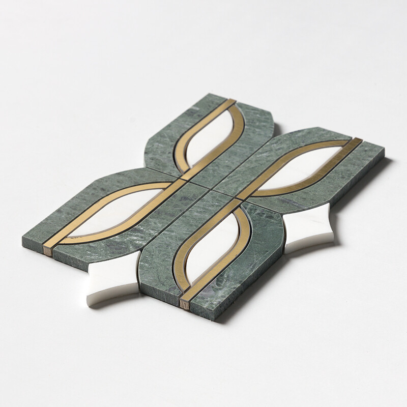 Snow White, Brass, Verde Tia Honed Butterfly Marble Mosaics 7 13/16×11 3/4 (YNR10174)