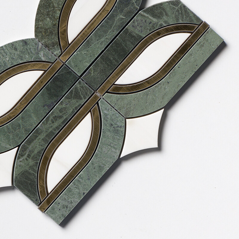 Snow White, Brass, Verde Tia Honed Butterfly Marble Mosaics 7 13/16×11 3/4 (YNR10174)