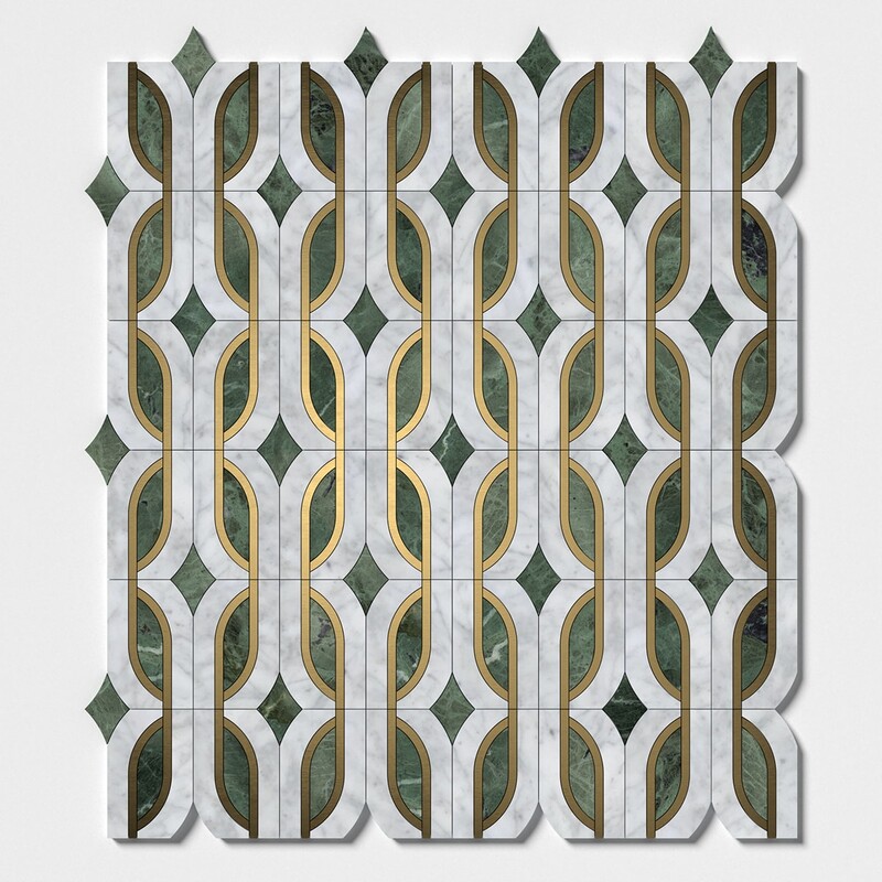 White Carrara, Brass, Verde Tia Honed Butterfly Marble Mosaics 7 13/16×11 3/4 (YNR10176)