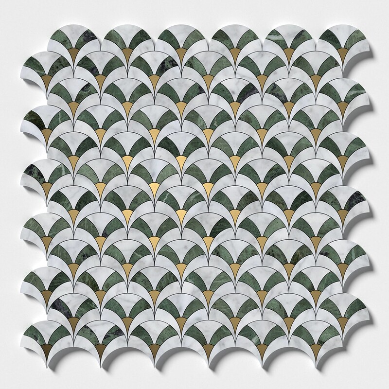 Brass, Verde Tia, White Carrara Honed Sensu Marble Mosaic 3 5/8×3 7/8 (YNR10178)
