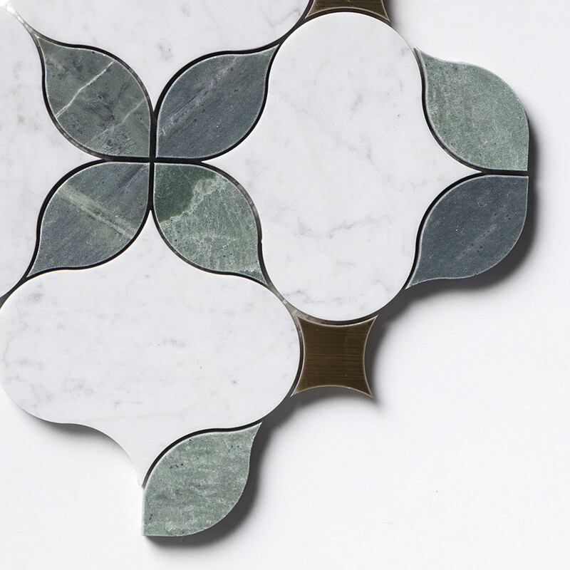 White Carrara, Brass, Verde Tia Honed Lily Marble Mosaics 9 7/16×9 7/16 (YNR10179)