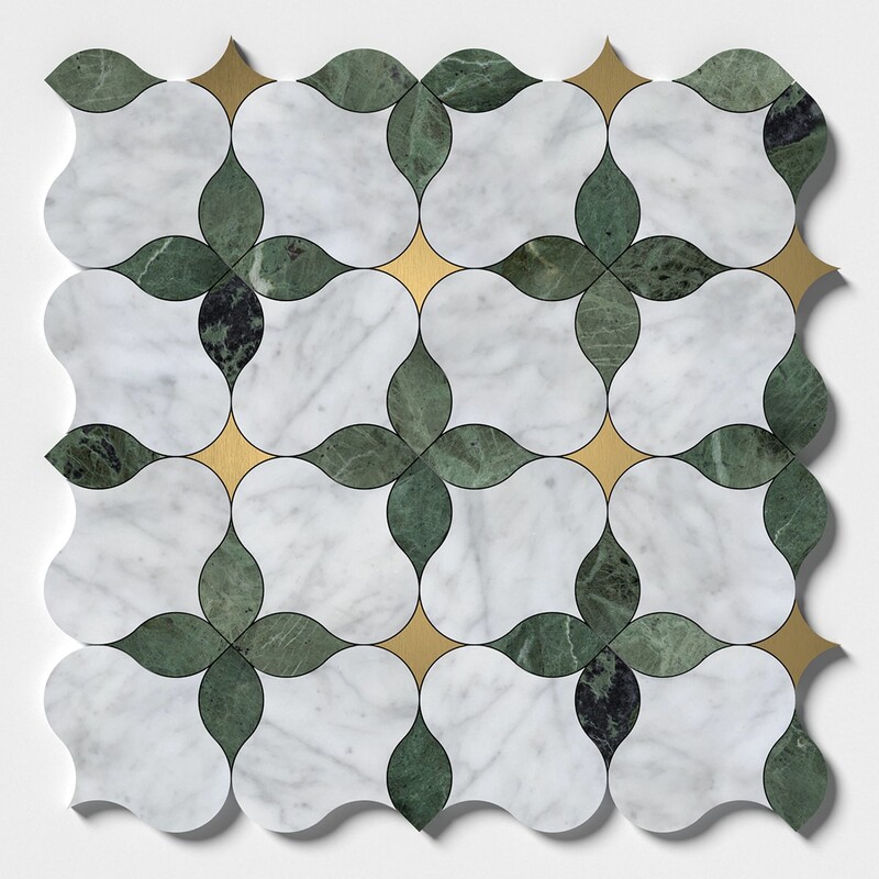 White Carrara, Brass, Verde Tia Honed Lily Marble Mosaics 9 7/16×9 7/16 (YNR10179)