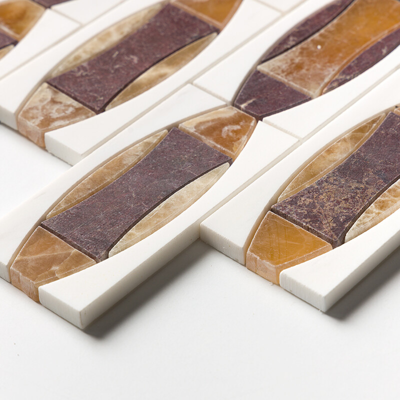 Honey Onyx, Snow White, Red Bordeaux Multi Finish Albert Marble Mosaics 11×11 3/8 (YNR10180)