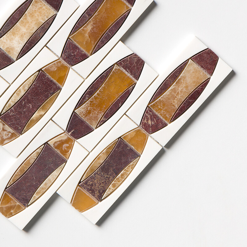 Honey Onyx, Snow White, Red Bordeaux Multi Finish Albert Marble Mosaics 11×11 3/8 (YNR10180)