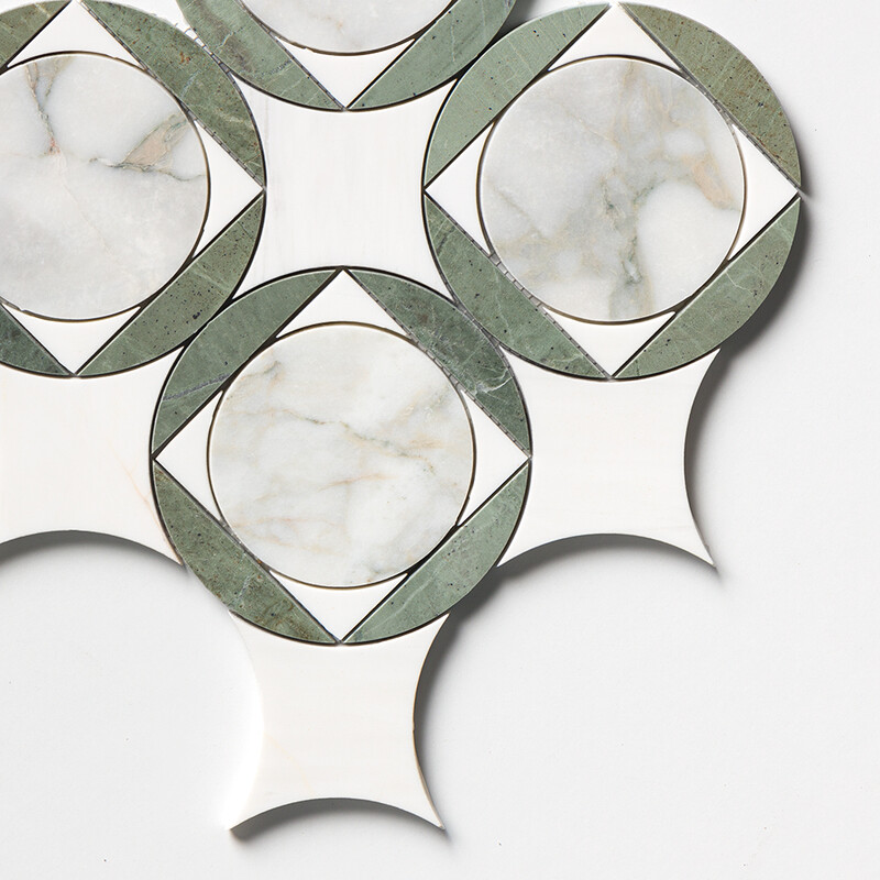 Calacatta Green, Snow White, Verde Tia Honed Aloha Marble Mosaics 10 11/16×10 11/16 (YNR10181)