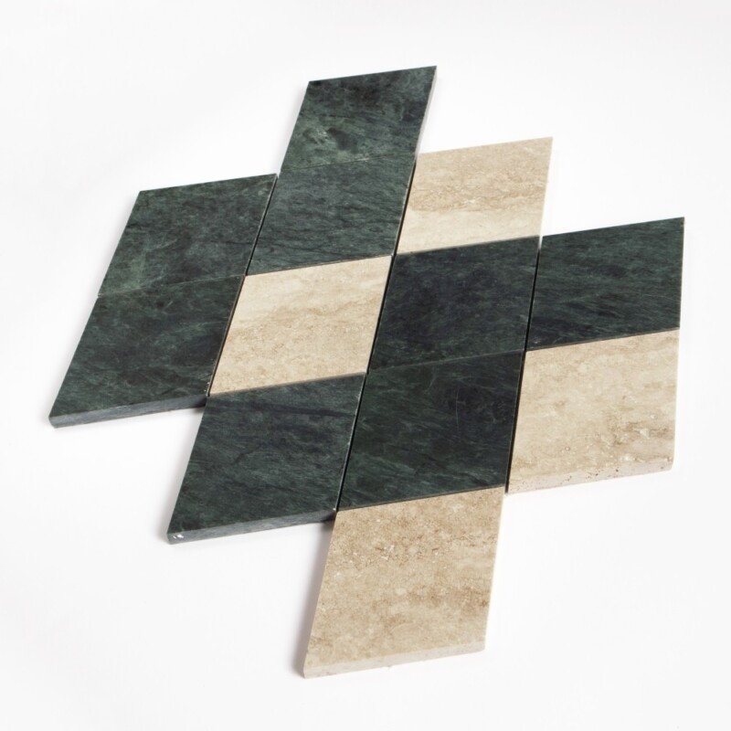 Roman Travertine, Verde Lucia Honed Almas Marble Mosaics 10×10 1/2 (YNR90489)