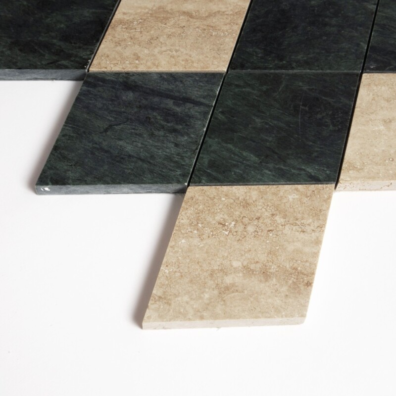 Roman Travertine, Verde Lucia Honed Almas Marble Mosaics 10×10 1/2 (YNR90489)