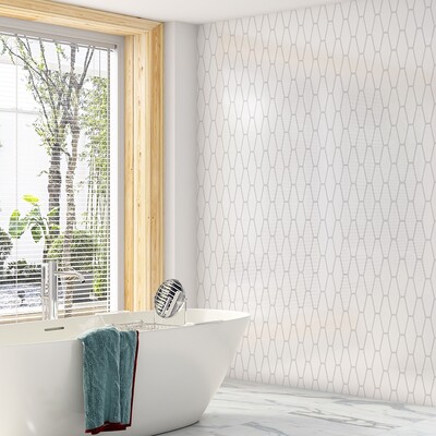 Modern bathroom wall with elongated hexagon tiles and bright minimal interior by Country Floors