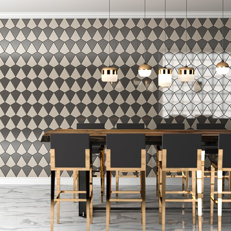 Barn glossy diamante ceramic tile wall in luxury dining interior by Country Floors