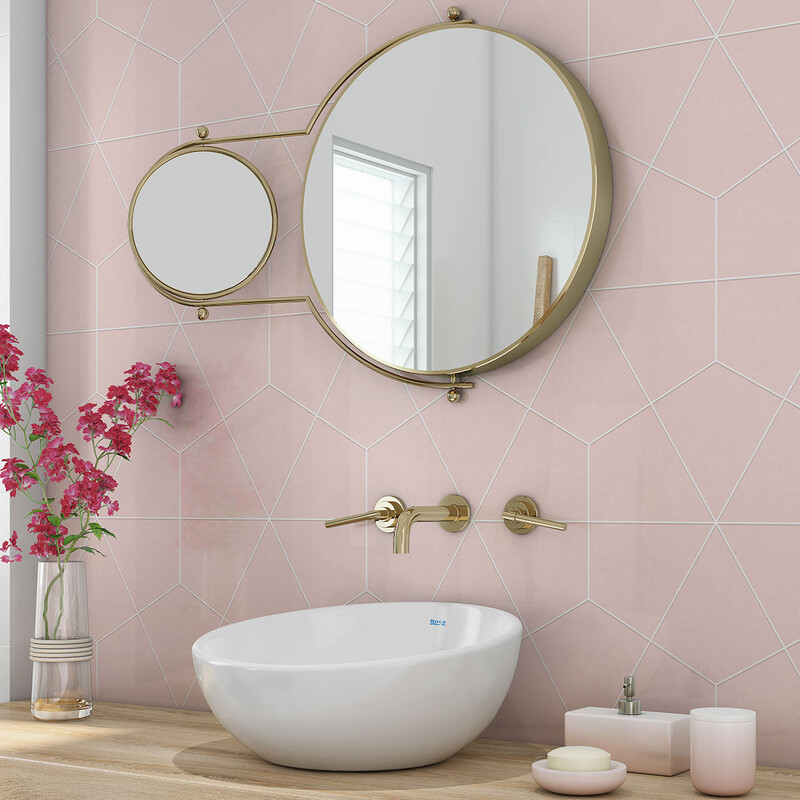 Rosie glossy diamante ceramic wall tile in a contemporary blush pink bathroom by Country Floors