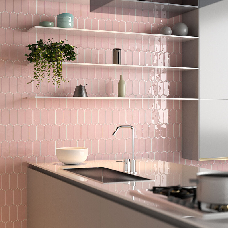 Rosie glossy picket ceramic tile backsplash in a modern pink kitchen setting by Country Floors