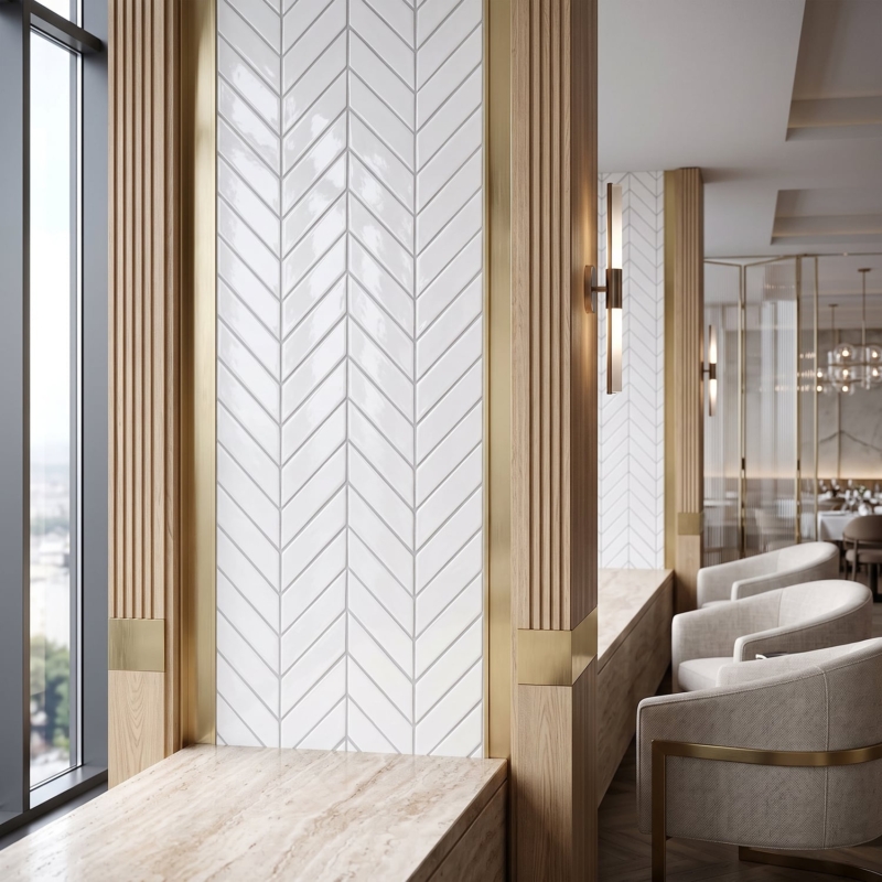 Royal White Glossy Chevron Ceramic Tile 2×6 (DC00271)